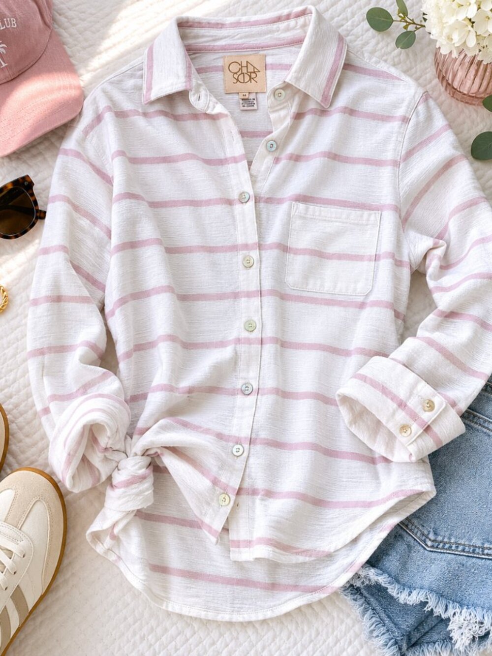 CHASER White & Pink Striped Button Down Shirt Size Medium